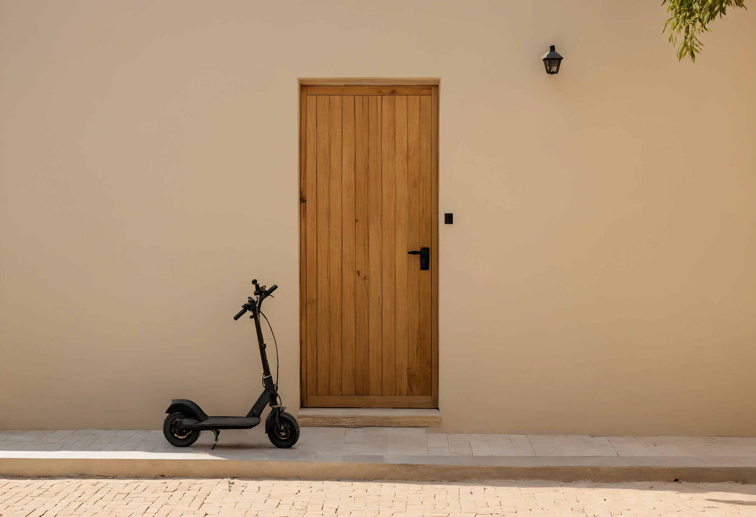 Sunlit rendered wall beside a timber front door of a villa, with a wall light and paved threshold