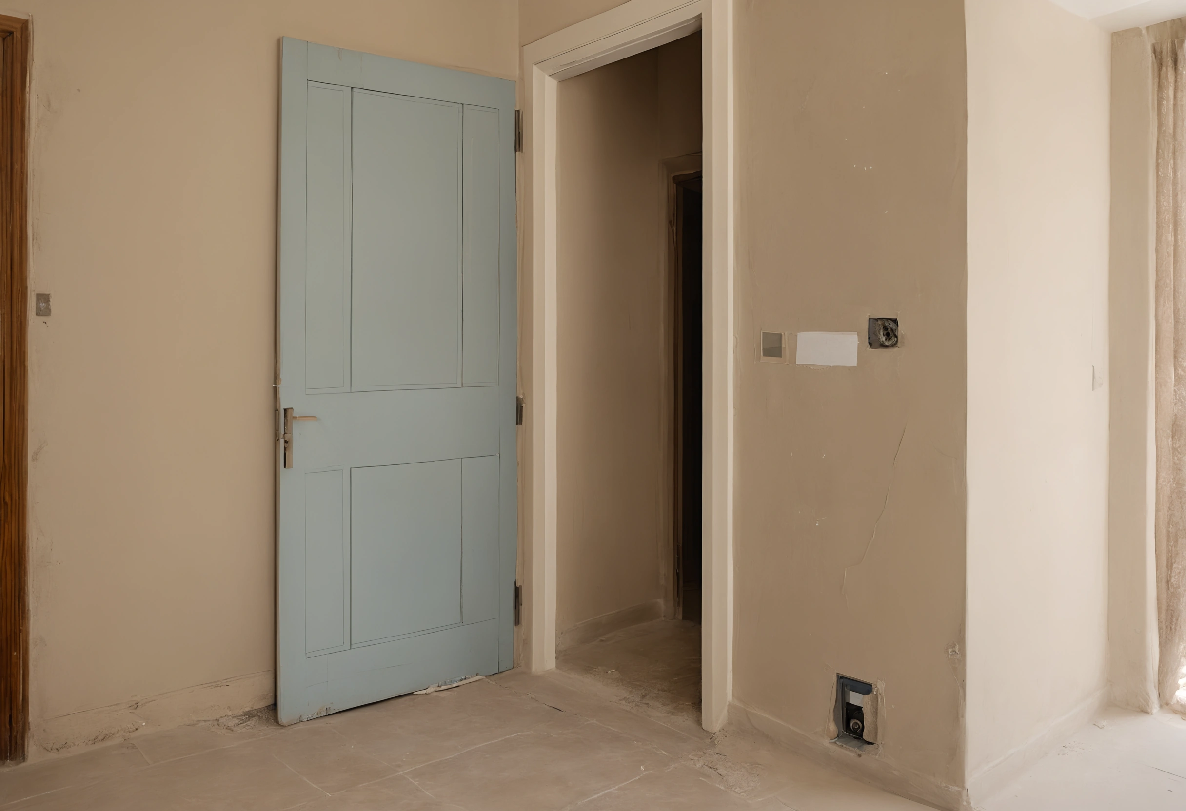 Villa hallway during renovation with a door removed, bare plaster and data and power outlets set into the wall