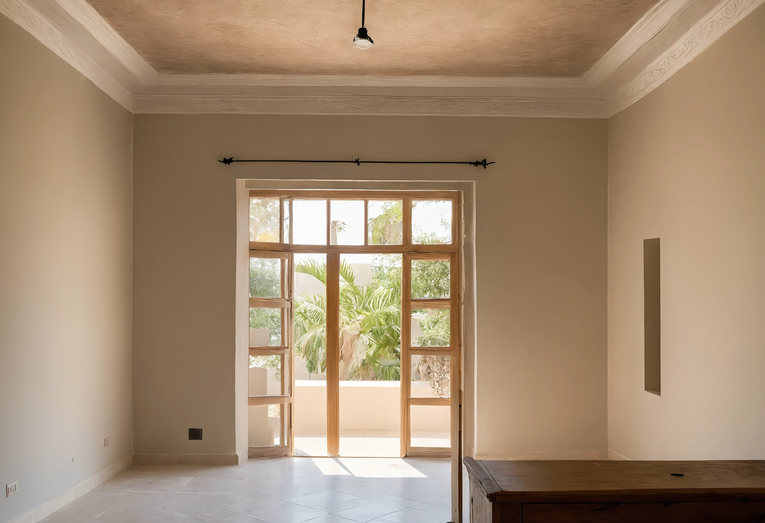 Empty villa room during renovation with a single cable and fitting hanging from the ceiling above glazed garden doors